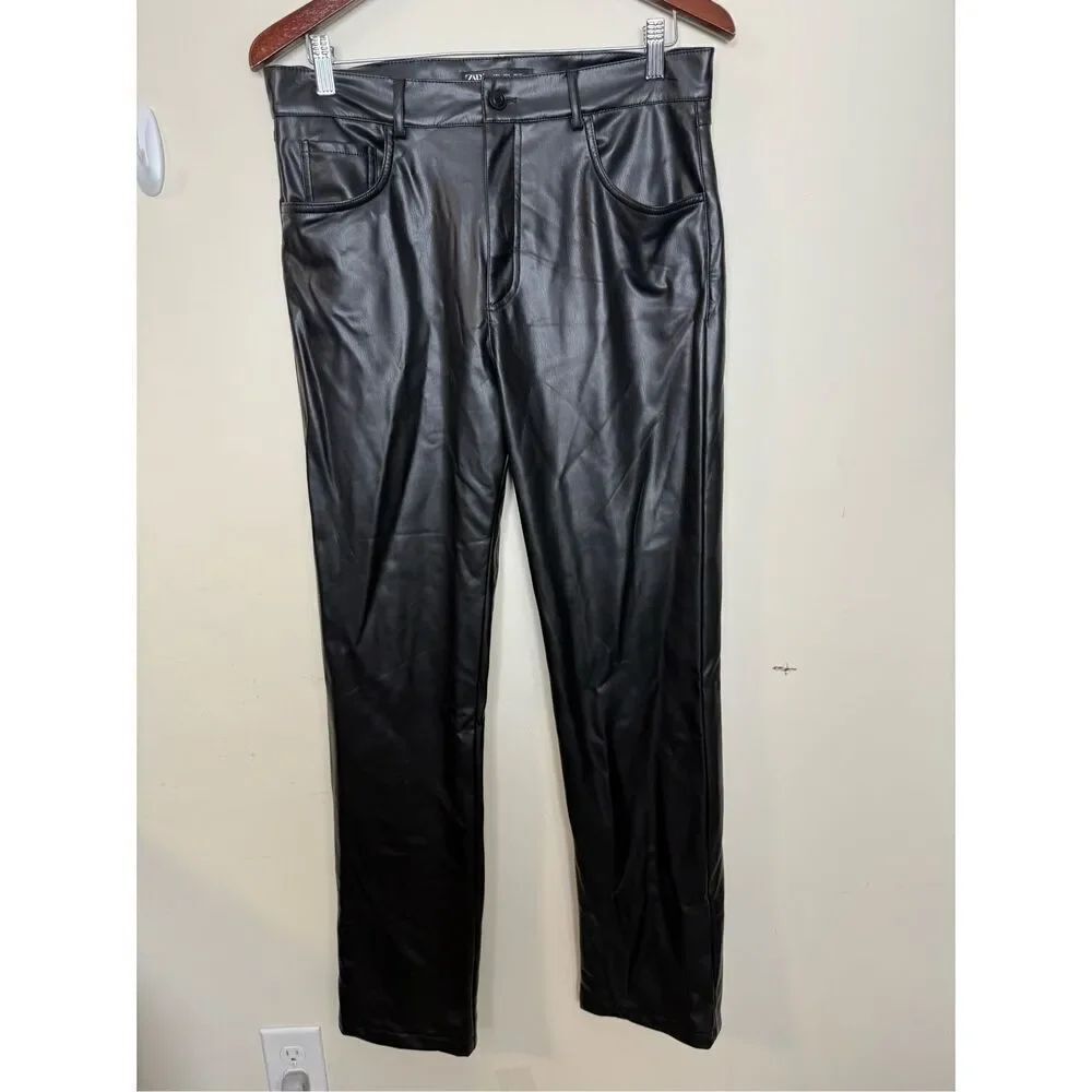 Zara Faux Leather The 90’s Full Length Black Straight Leg Pants Womens Size Larg